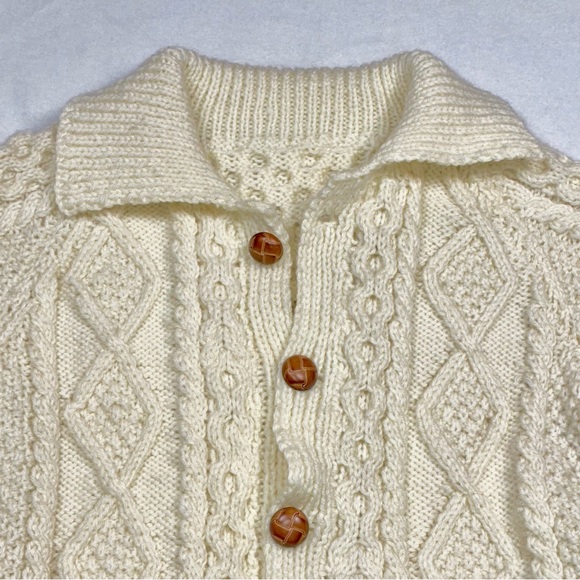Vintage Hand-Knit Wool Cardigan Ivory XS Boyfriend Fisherman Aran Buttons - Picture 2 of 5